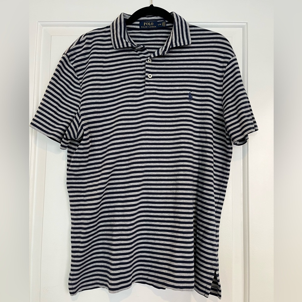 Ralph Lauren Men's Navy and Gray Striped Polo Shirt